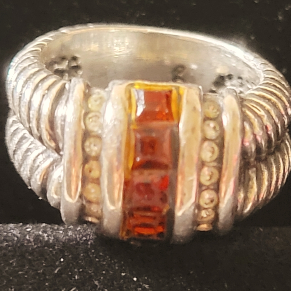 Silver and Orange Cable Band Ring with Amber Stones